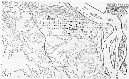 三方を丘にかこまれた西岸地域の農場。（等高線は約100フィートの標高差を表す）